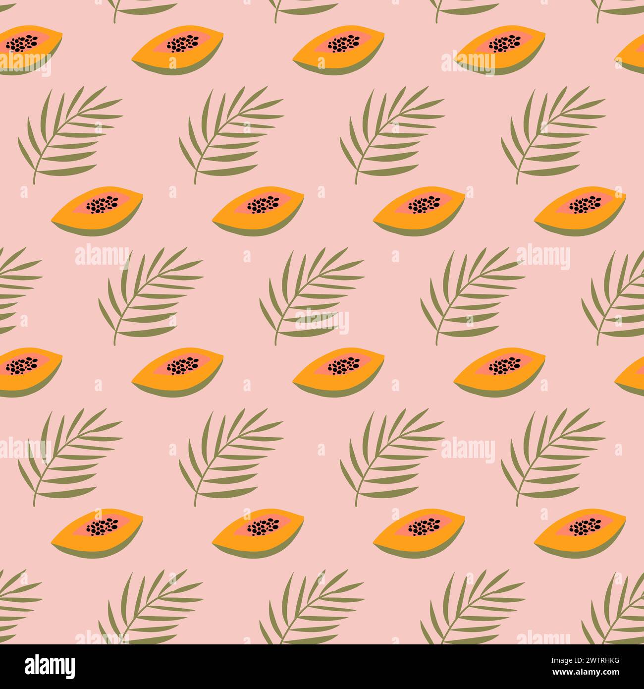 Seamless pattern with papaya and palm leaf. Handdrawn vector design on peach background. Stock Vector