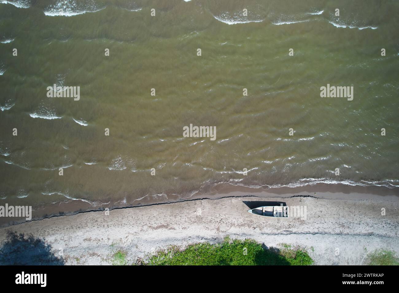 Empty old wooden boat aerial drone top view Stock Photo