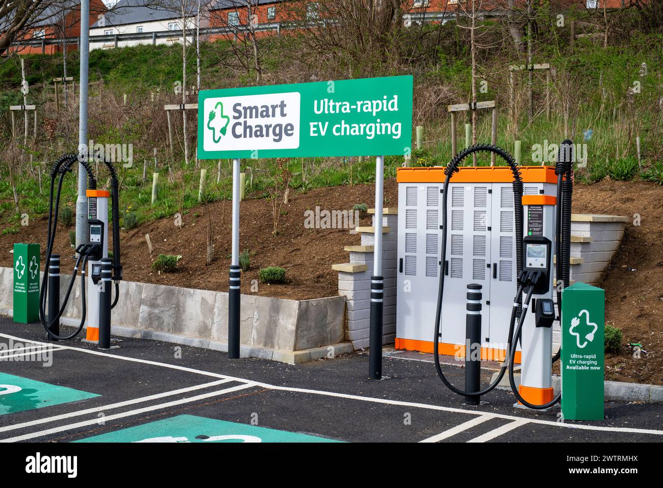 Smart Charging. Ultra rapid EV charging in Brackley, Northamptonshire, England Stock Photo
