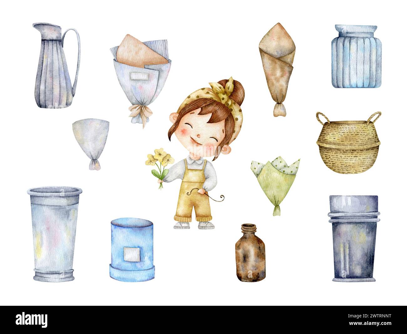 Hand-drawn watercolor illustration with florist girl and packing, vases for bouquets. Flower shop set for decorating and designing souvenirs, posters, Stock Photo