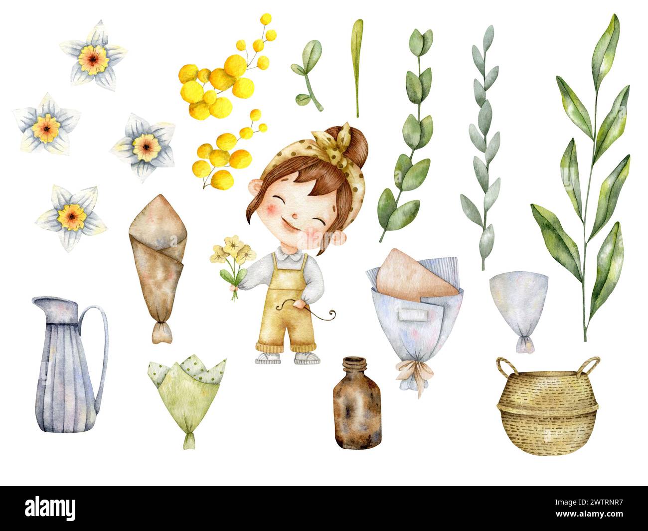 Hand-drawn watercolor illustration with florist girl and flowers, leaves, packing, vases for bouquets. Flower shop set for decorating and designing so Stock Photo