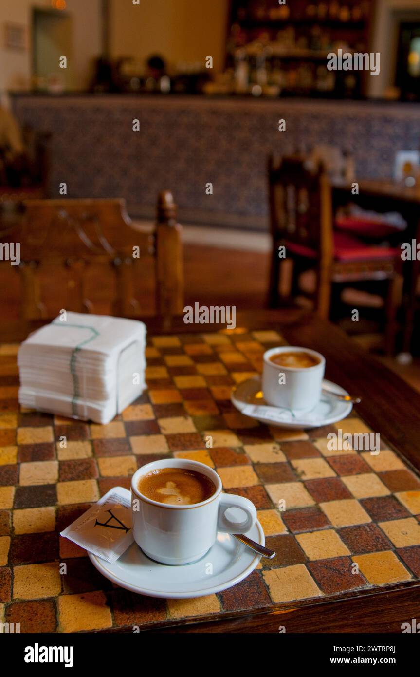 Two cups of coffee in the bar. Parador, Chinchon, Madrid province, Spain. Stock Photo