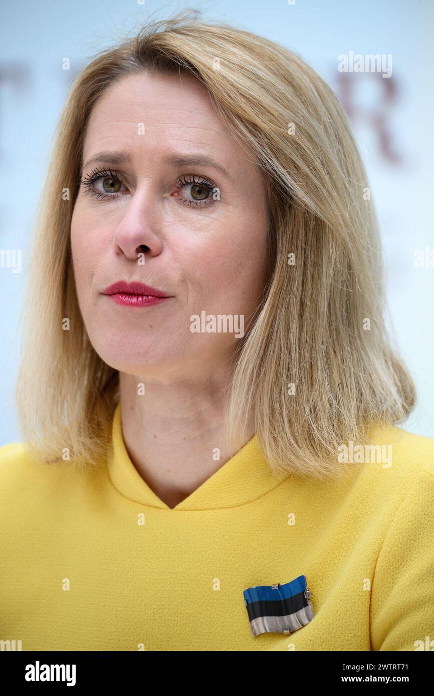 Berlin, Germany. 19 March 2024, Berlin: Kaja Kallas, Prime Minister of Estonia, speaks at a press conference before the award ceremony for the Walther Rathenau Prize at Deutsche Bank's Representative Office in the capital. The Walther Rathenau Institute awards this prize annually in recognition of an outstanding lifetime achievement in foreign policy. The Walther Rathenau Institute, Foundation for International Politics, is a non-partisan, non-profit foundation based in Berlin. The institute is named after Walther Rathenau, the German-Jewish foreign minister of the Weimar Republic. Credit: dpa Stock Photo