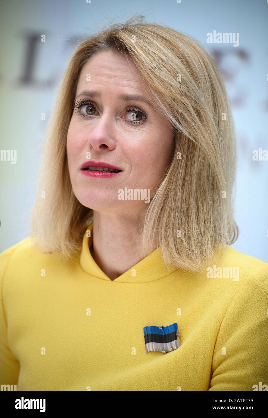 Berlin, Germany. 19 March 2024, Berlin: Kaja Kallas, Prime Minister of Estonia, speaks at a press conference before the award ceremony for the Walther Rathenau Prize at Deutsche Bank's Representative Office in the capital. The Walther Rathenau Institute awards this prize annually in recognition of an outstanding lifetime achievement in foreign policy. The Walther Rathenau Institute, Foundation for International Politics, is a non-partisan, non-profit foundation based in Berlin. The institute is named after Walther Rathenau, the German-Jewish foreign minister of the Weimar Republic. Credit: dpa Stock Photo