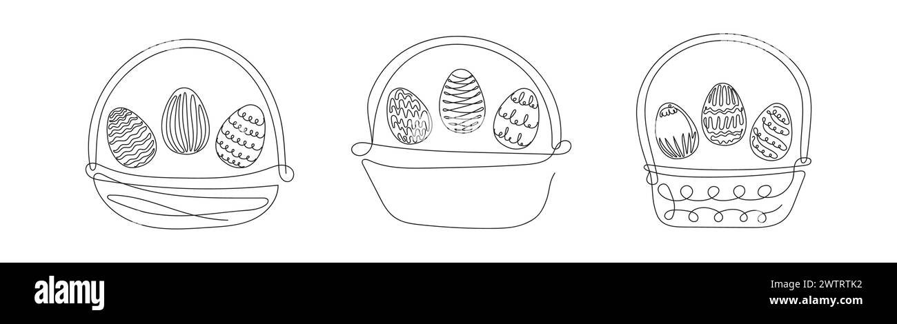 Set of Wicker baskets with Easter eggs. Continuous one line drawing ...