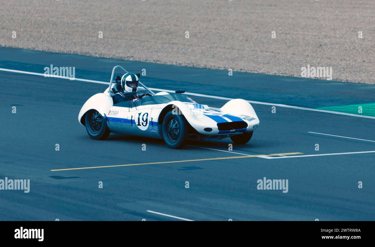 Ralf Emmerling and Florian Brandt's White, 1959, Elva MkV, competing in the Stirling Moss Trophy at the 2023 Silverstone Festival Stock Photo
