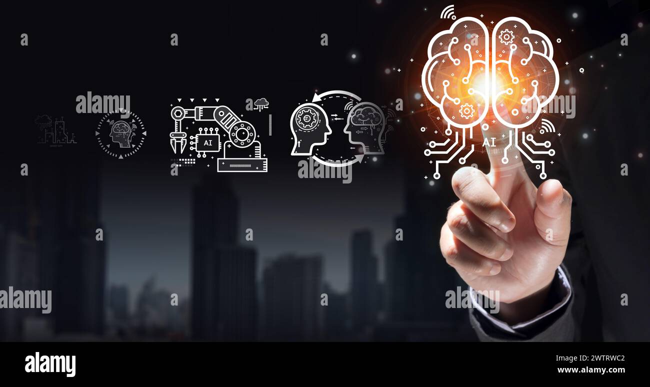 Businessman hand touching ai technology, Artificial intelligence (AI) Stock Photo