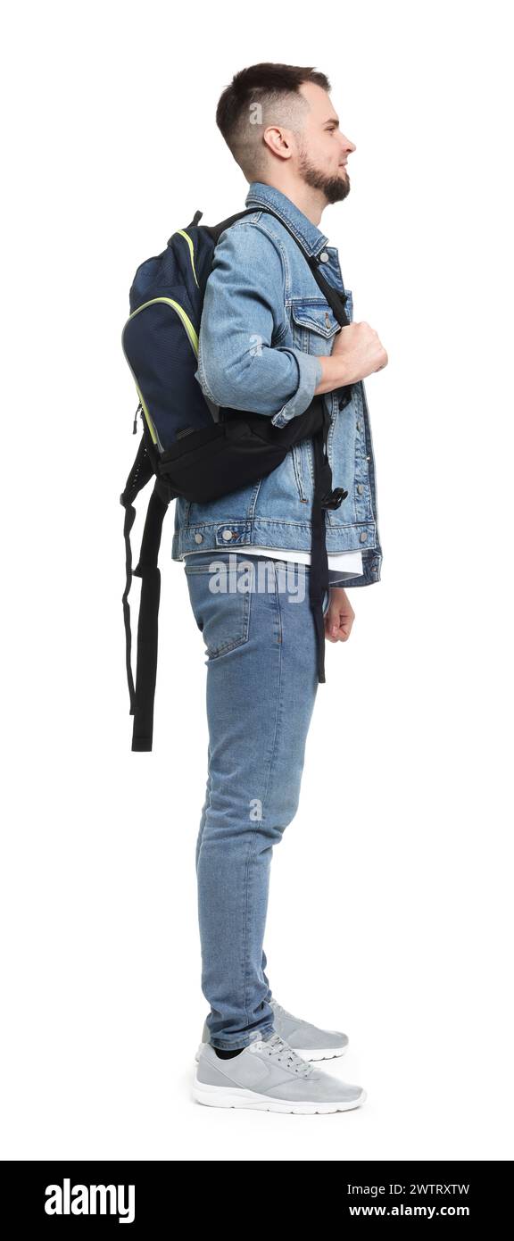 Man with backpack in denim clothes isolated on white Stock Photo - Alamy