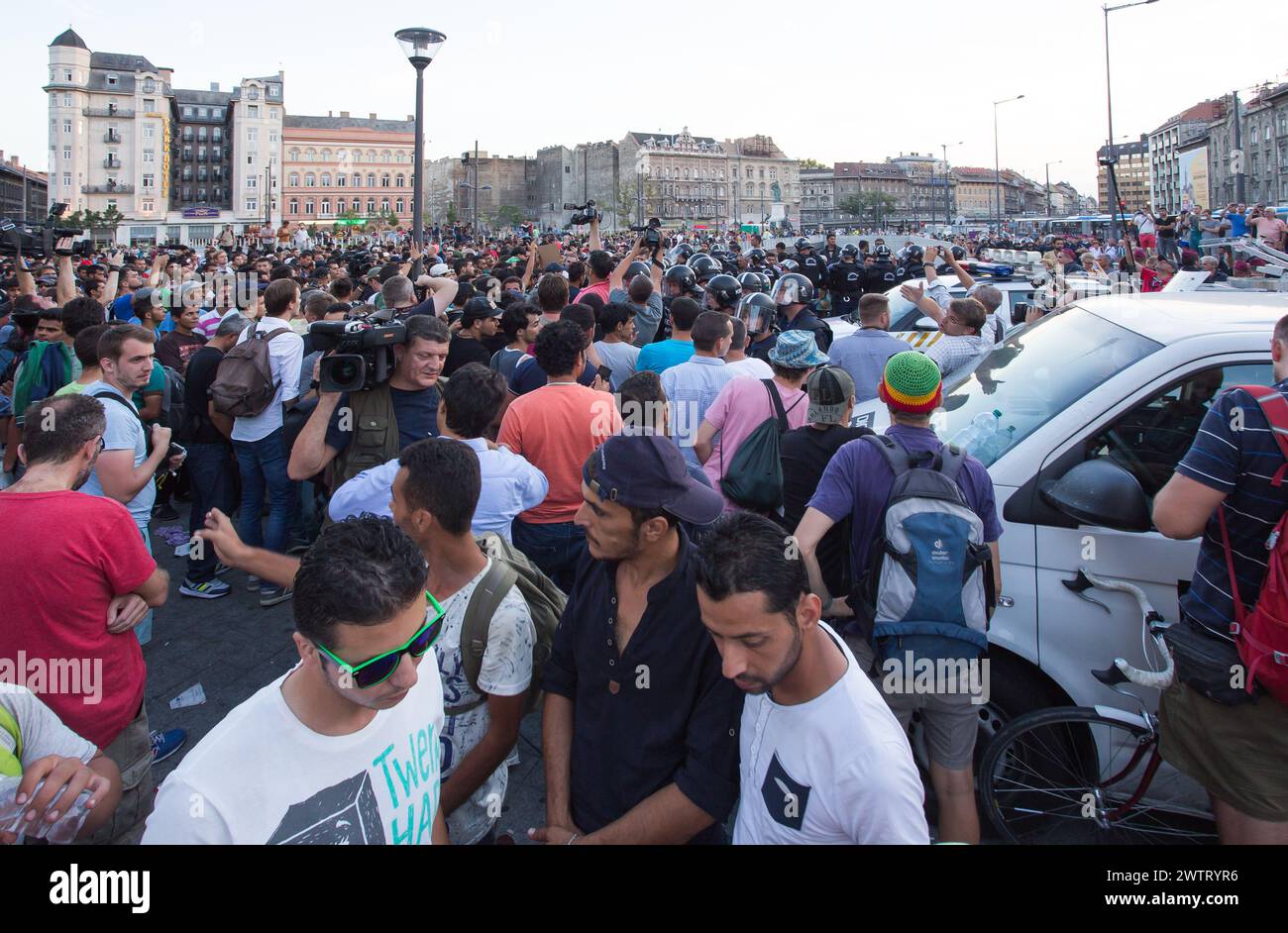 Syrian and other Arab Refugees crowd wait for their onward journey to Western Europe at Hungary, Budapest's Keleti railway station, on 09/02/2015. Stock Photo