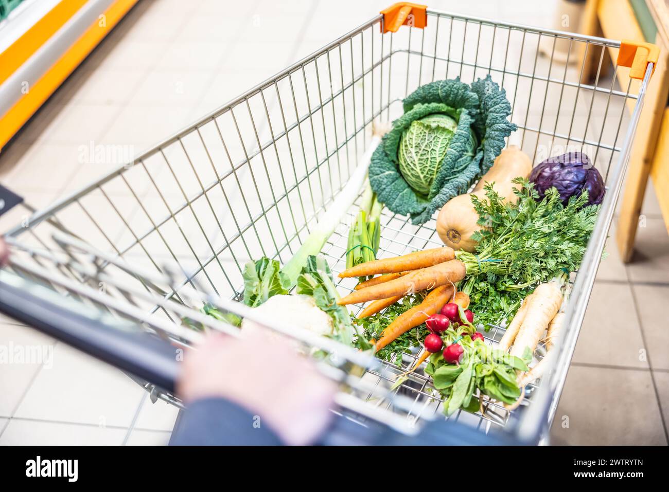 A view of the shopping cart in which fresh vegetables are stacked. Stock Photo