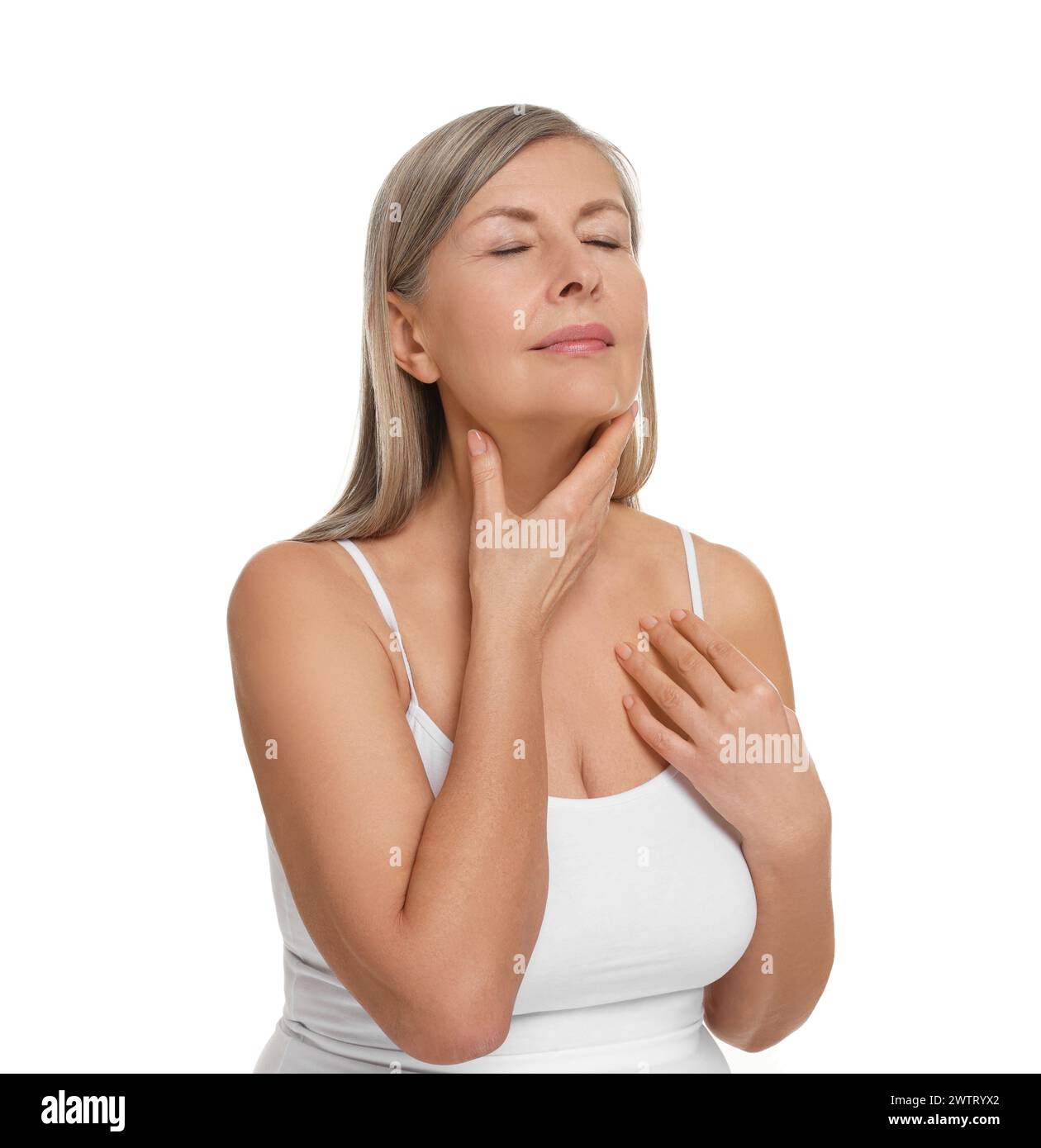 Beautiful woman touching her neck on white background Stock Photo - Alamy