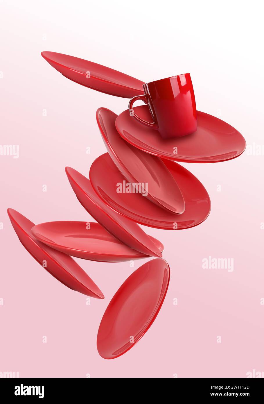 Clean plates and cup falling on pink background Stock Photo - Alamy