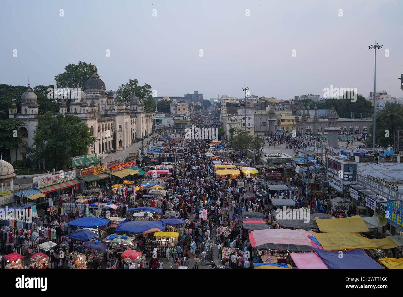 Hyderabad City View from the top of Charminar, Street market Most famous Place In Hyderabad. Stock Photo