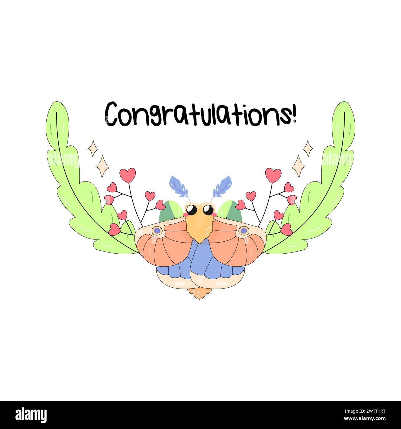Congratulations frame, with flowers, plants and maple moth, butterfly insects. on white Stock Vector