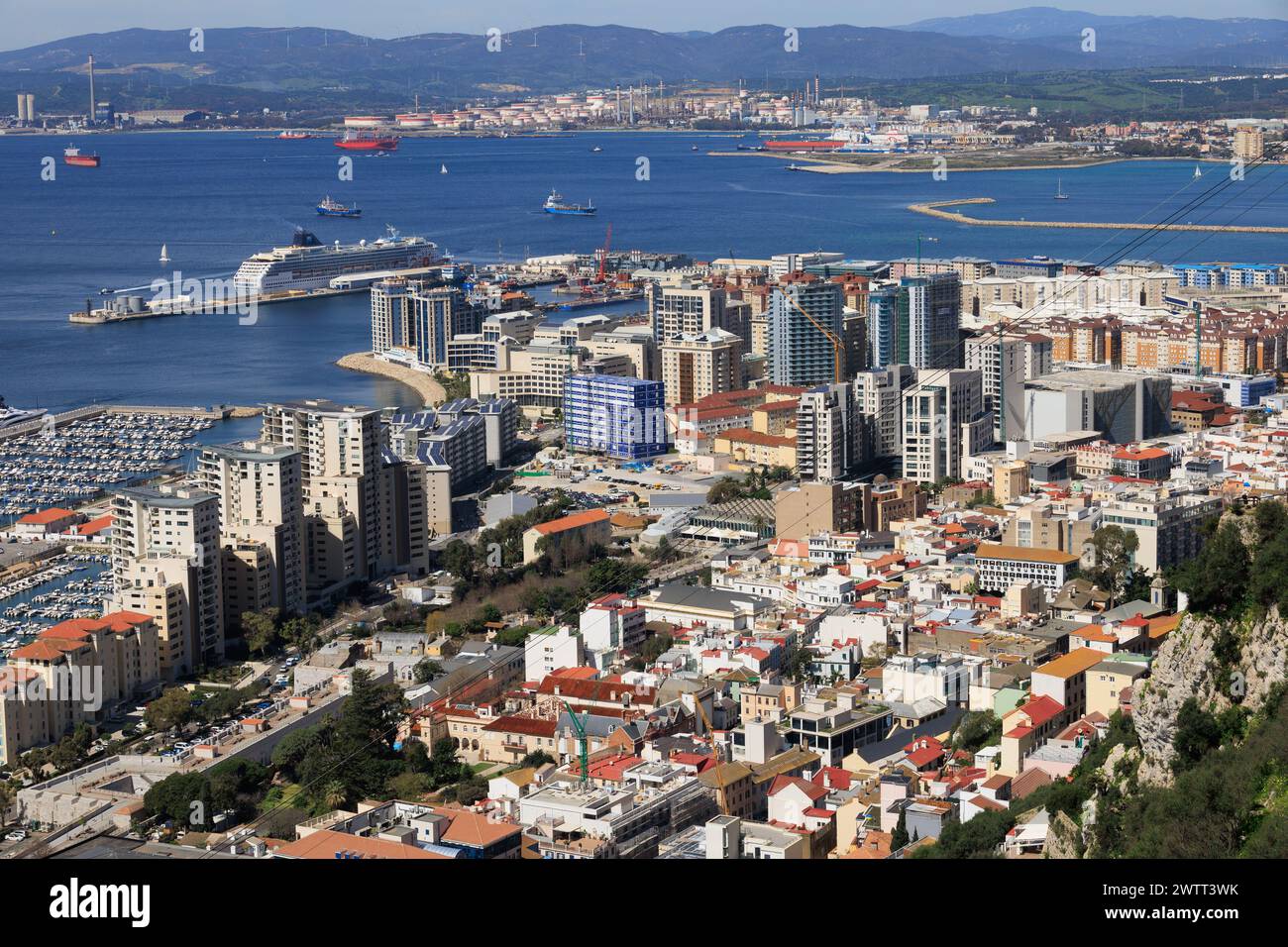 Aerial View over The British Overseas Territory of Gibraltar, the Rock of Gibraltar on the Iberian Peninsula. Stock Photo