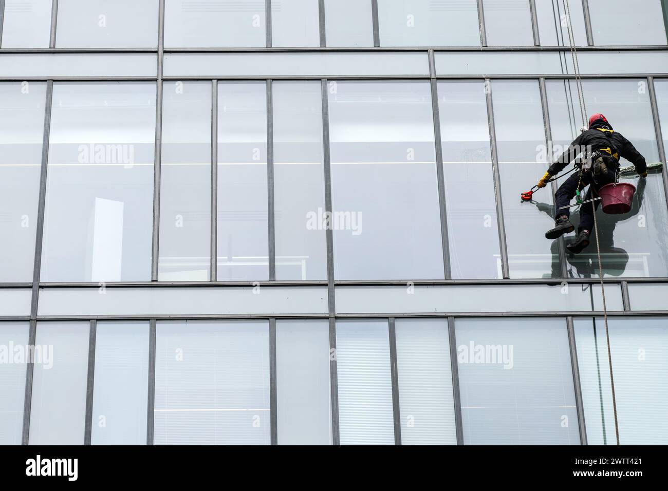 Window cleaners suspended on ropes clean the exterior windows of an office building in Glasgow, Scotland. Stock Photo