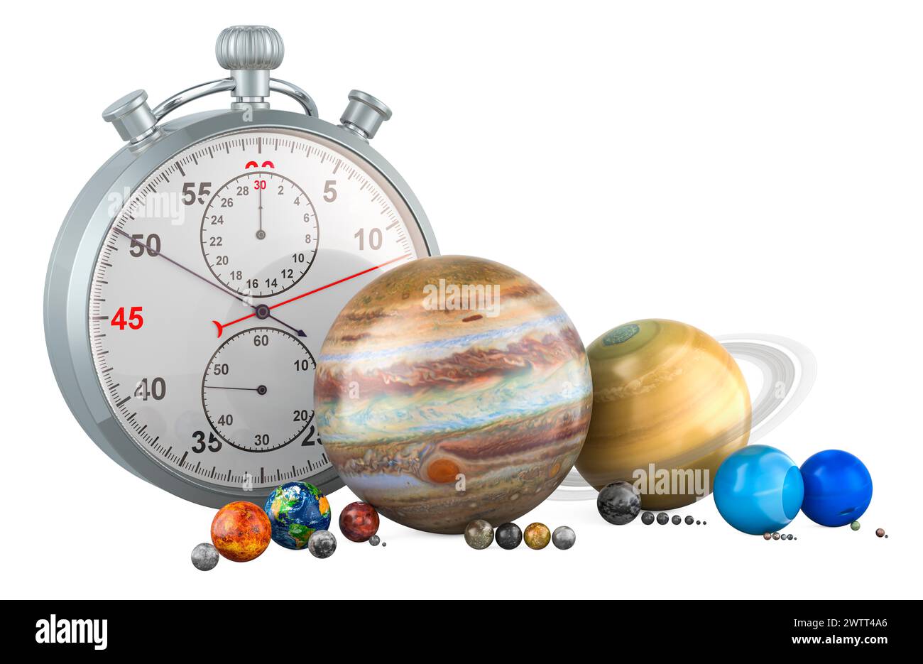 Planets of the solar system with stopwatch. 3D rendering isolated on ...