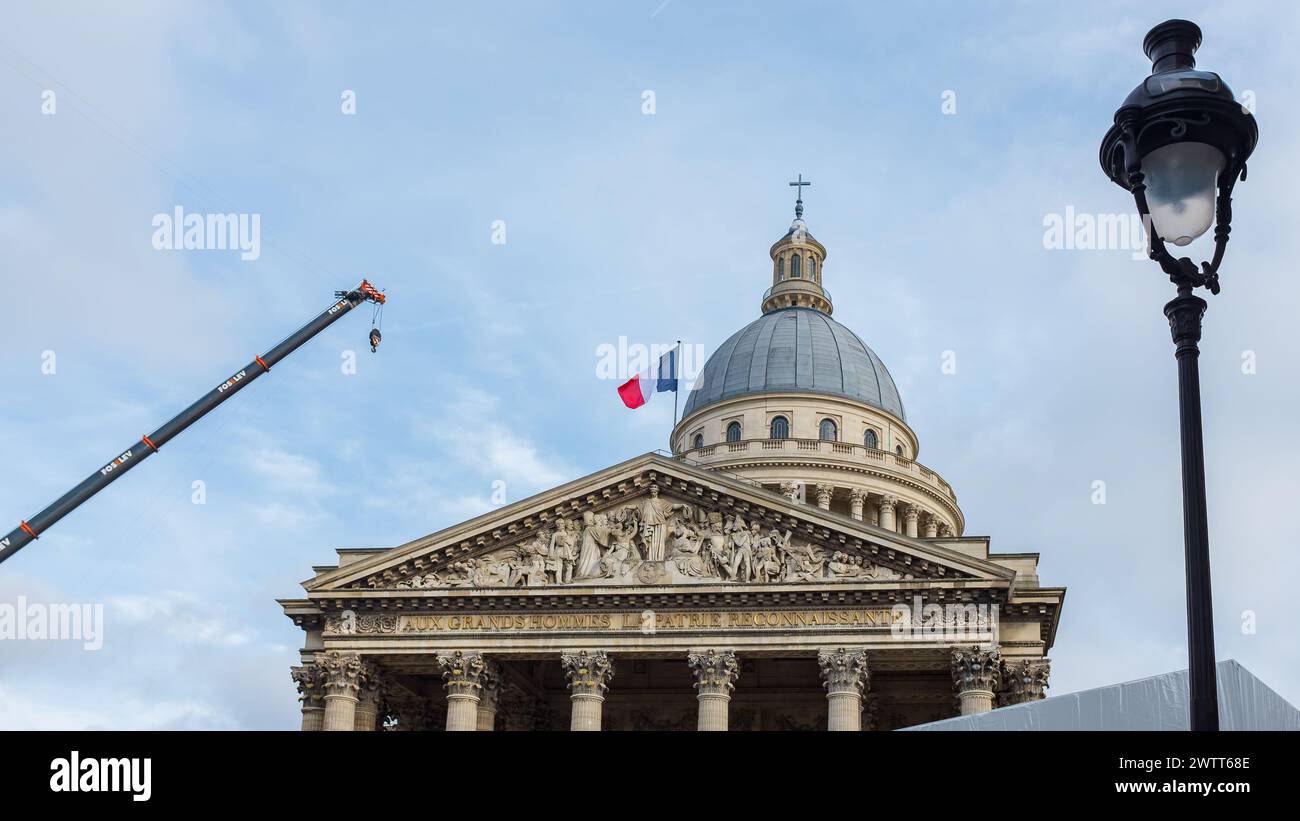 Paris, France. 20th Feb 2024. A crane in front of the Pantheon during the preparations of the Pantheonisation of Resistance hero Missak Manouchian Stock Photo