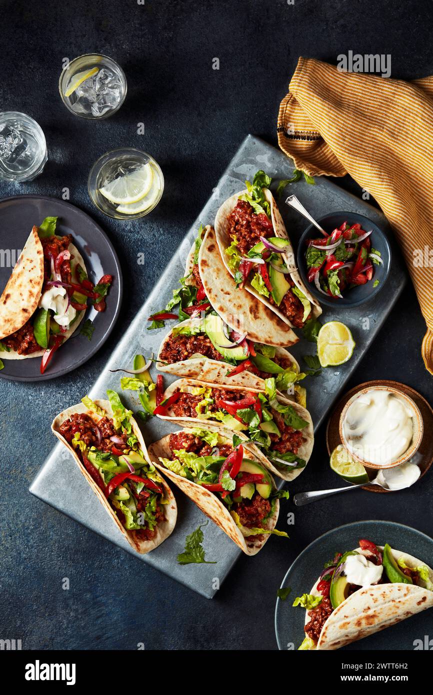 Savory tacos served fresh and ready to enjoy. Stock Photo