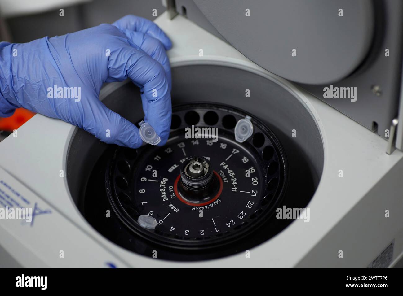 Attractive female scientist examinine testing bio material with medical equipment bloody spinning Stock Photo