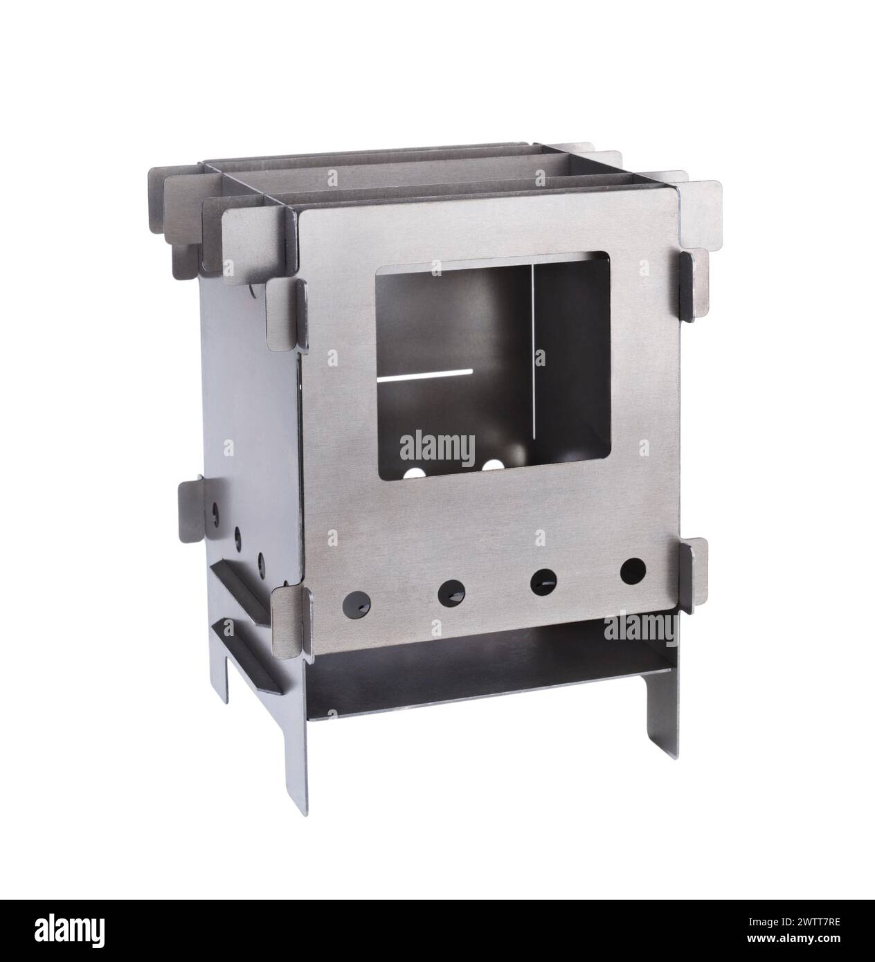 New tourist compact metal wood chip stove isolated on white Stock Photo