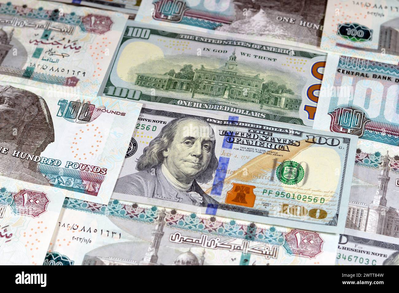 Egyptian money banknotes of 100 EGP LE one hundred pounds bill and USD  American cash of 100 dollars, money exchange rates of Egypt and United  states o Stock Photo - Alamy