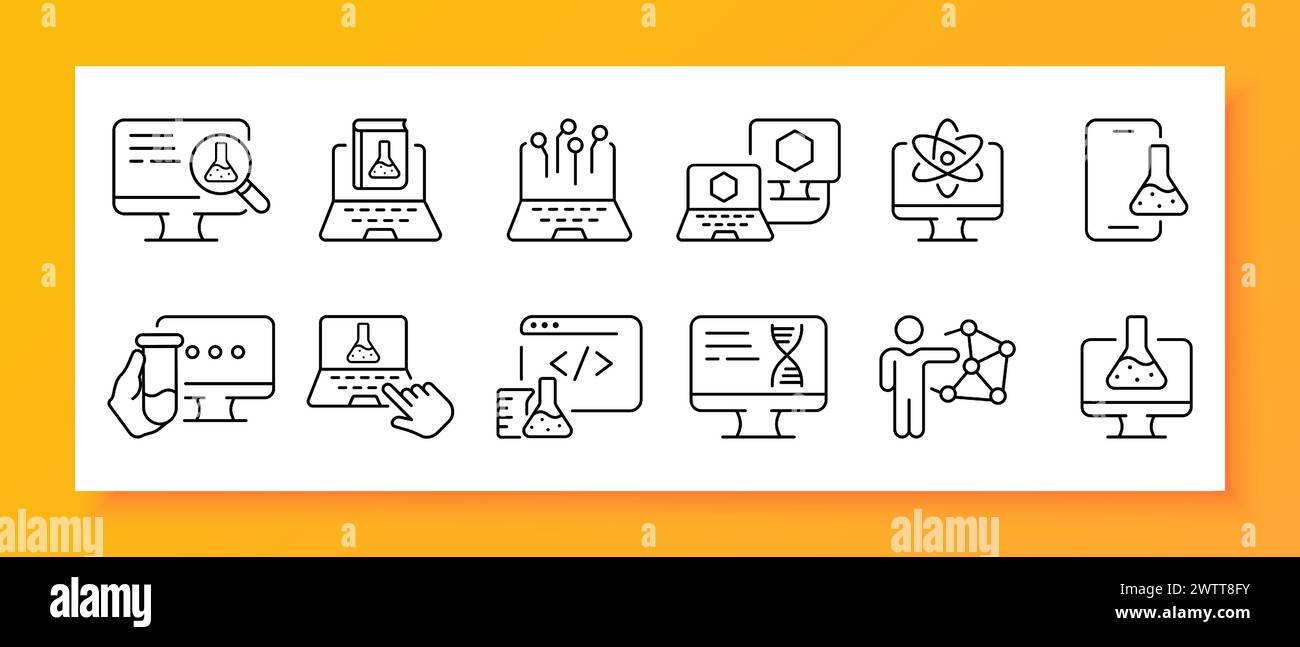 Science icon set. Monitor, test tube, chemistry, physics, scientific ...