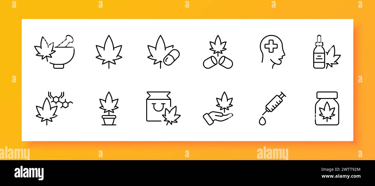 Medicinal marijuana icon set. Psychotherapy, psychology, treatment, PTSD, tablet, syringe, injection, cultivation. Black icon on a white background. V Stock Vector