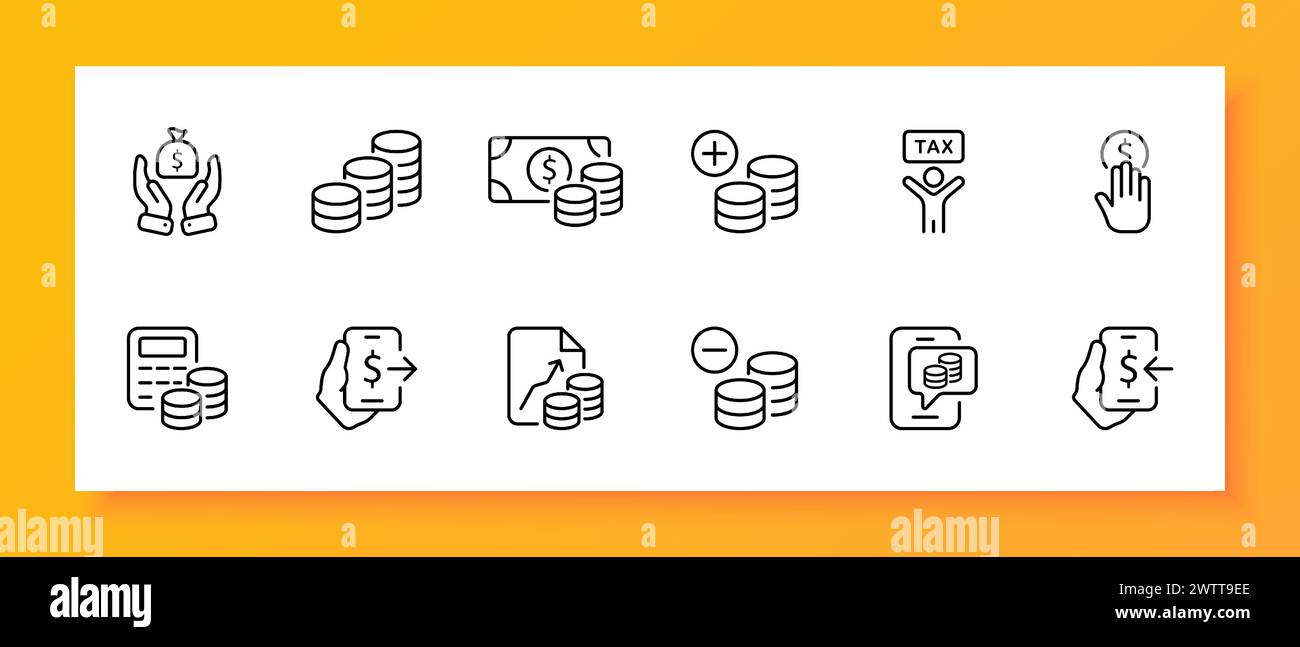 Banking icon set. Dollar, tax, bill, coins, bag, plus, minus ...