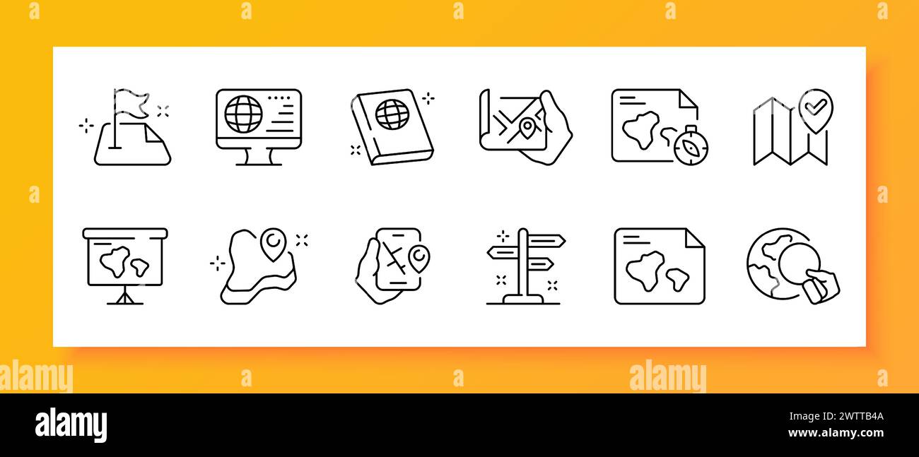 Navigation icon set. Geography, atlas, direction, meridians, orientation, magnifying glass. globe, planet. Black icon on a white background. Vector li Stock Vector