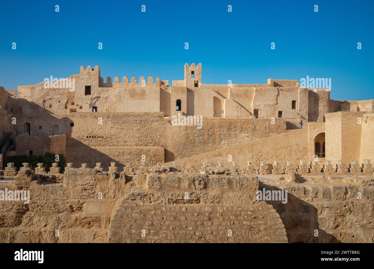 Inside the southern wall with its turrets and steps at the the Ribat of Monastir, 8th century Islamic coastal fortress,   Monastir, Tunisia. Stock Photo