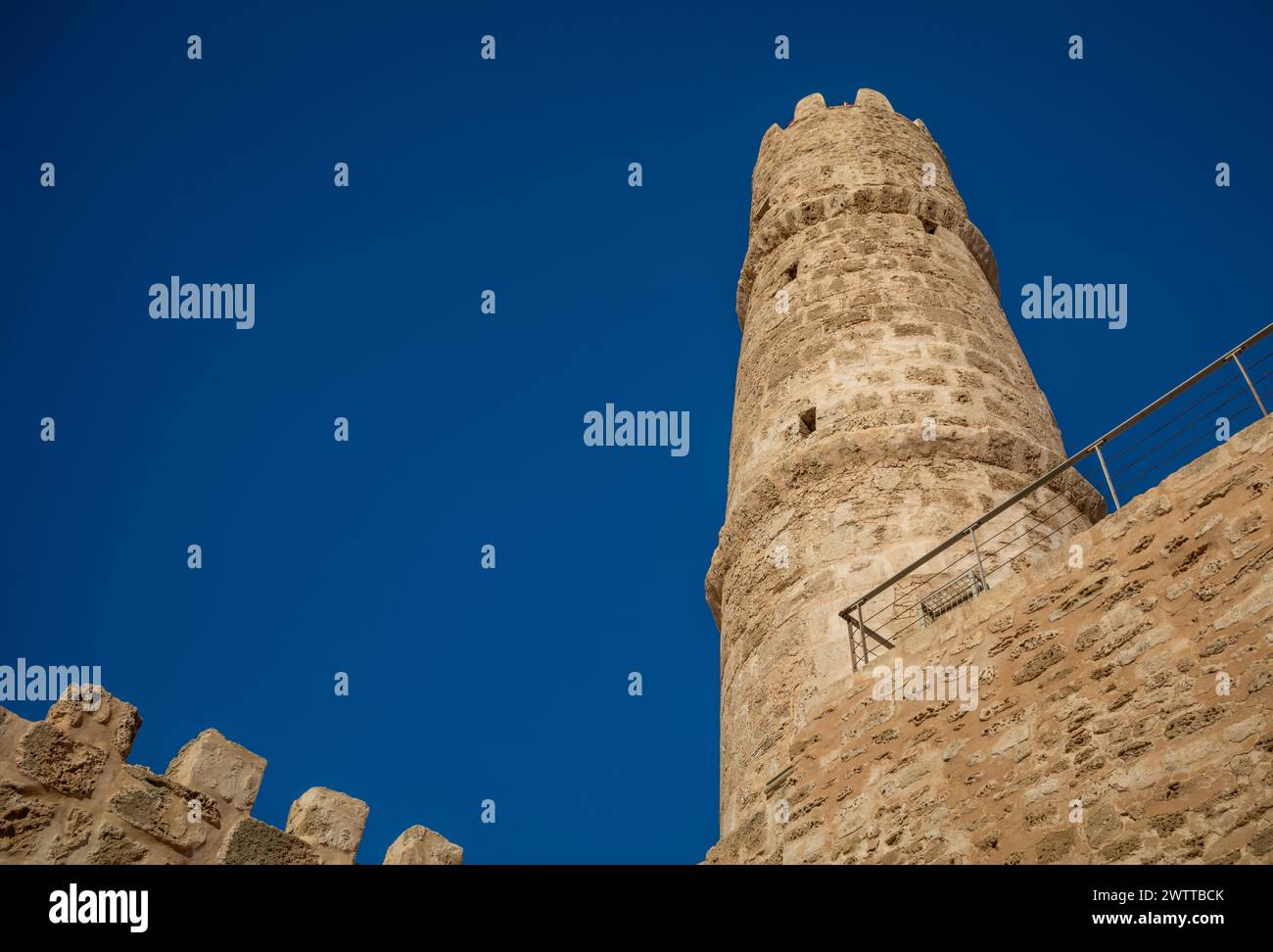 The tallest watchtower at the 8th century Ribat of Monastir, an 8th century coastal Islamic fortress, Monastir, Tunisia. Stock Photo