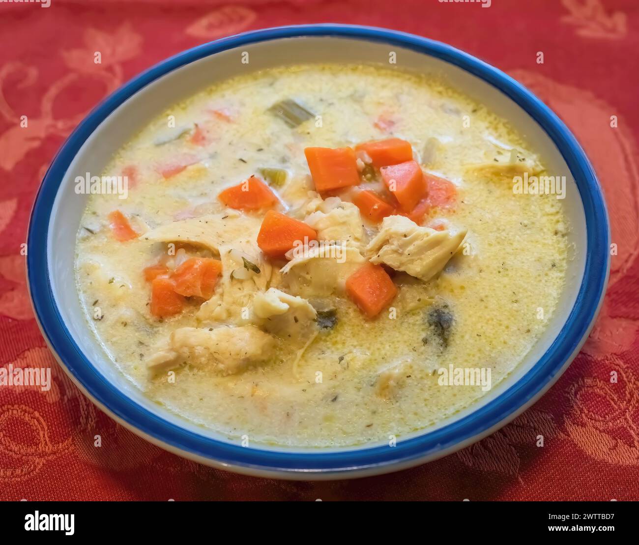 Chicken and jasmine rice soup with carrots, onion, garlic, and celery, homemade on a cold winter day in Taylors Falls, Minnesota USA. Stock Photo