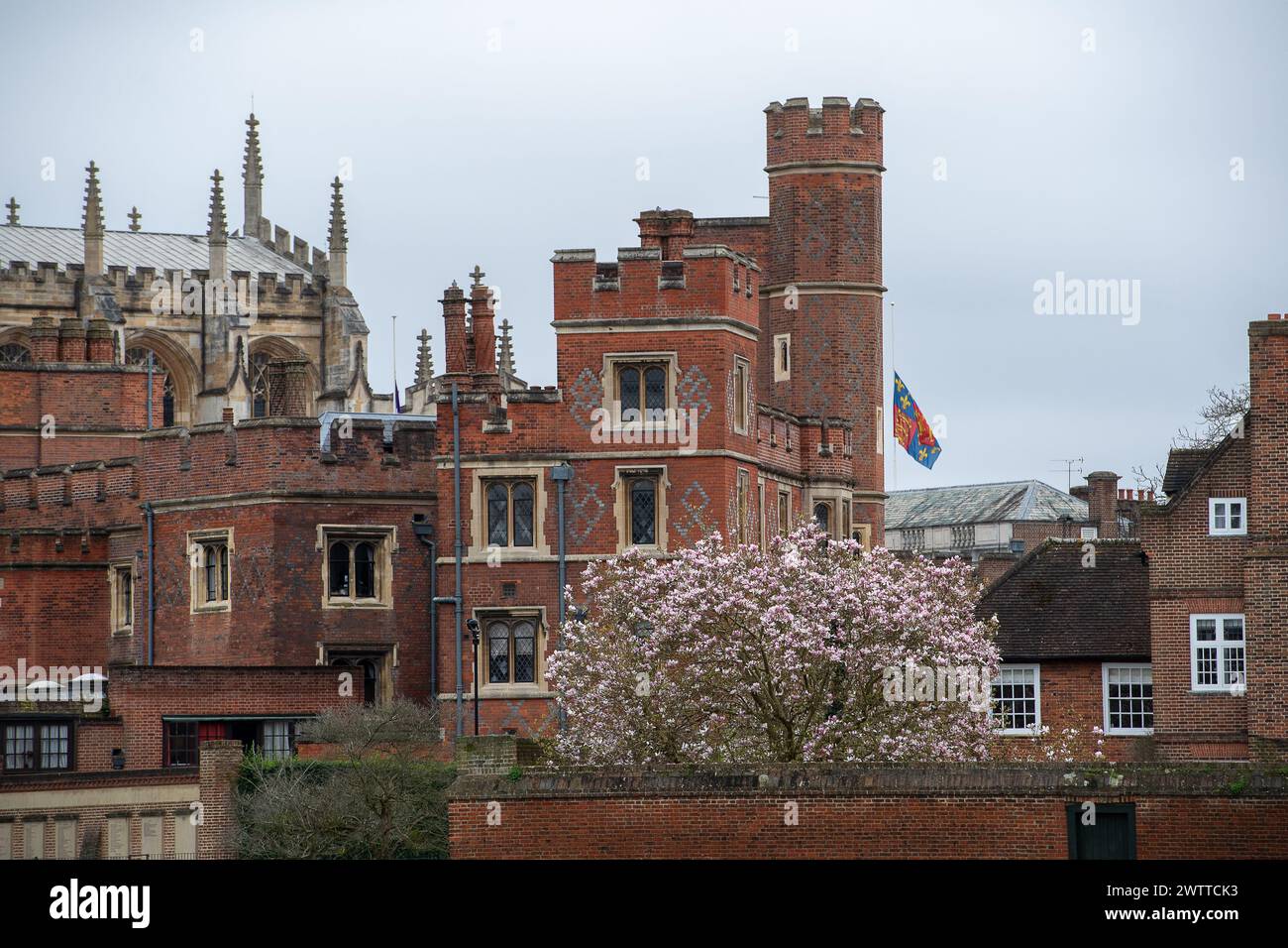 Eton, Windsor, UK. 19th March, 2024. The Eton College flag is sadly ...