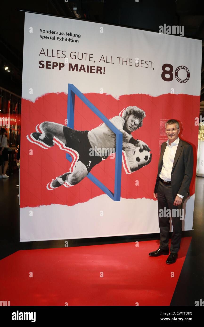 MUNICH, Germany - 19. MARCH 2024: Herbert Hainer, President of FC bayern München poses at the opening of the special exhibition 'All the best, Sepp Maier!' celebrating Sepp Maier's 80th birthday at FC Bayern Museum on March 19, 2024 in Munich, Germany. Sepp MAIER, former professional footballer, goalkeeper, celebrated with friends and family and the FcBayern Management his 80th birthday (28th of February) whilst the opening of a special and attractive Exhibition on March 19th at Allianz Arena. Fc Bayern Muenchen created a Sepp MAIER exhibition in the Museum Pavillion at the Allianz Arena in M Stock Photo