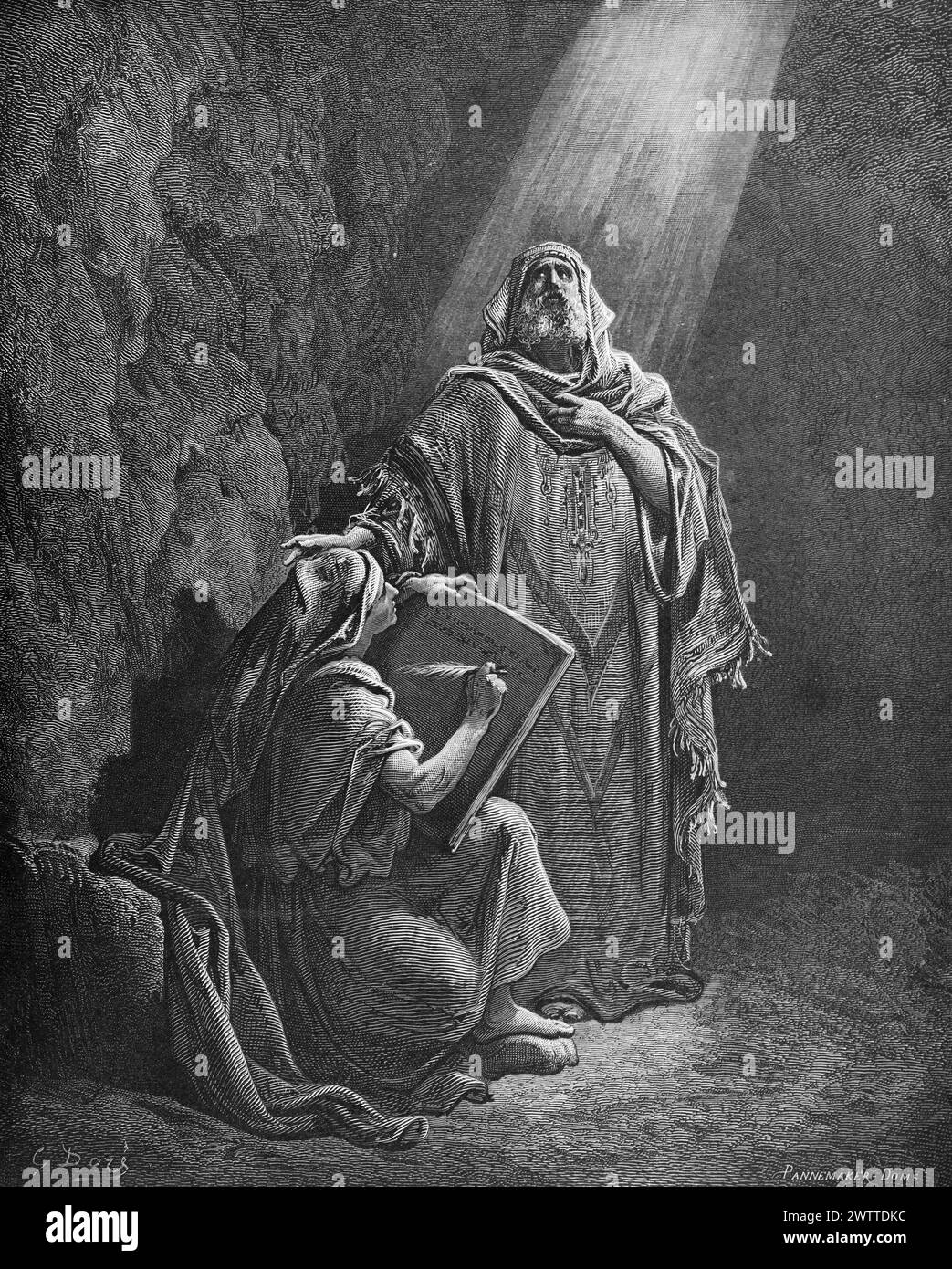 Baruch notes down the prophecies of Jeremiah, Old Testament, Bible, historical ilustration 1886 Stock Photo