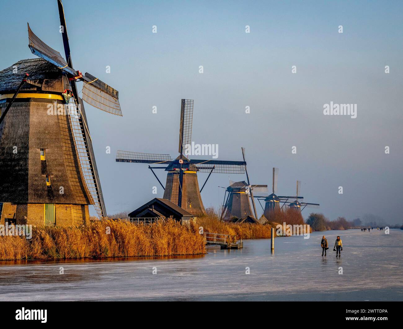 Skaters glide past traditional windmills on a frozen canal at golden hour Stock Photo