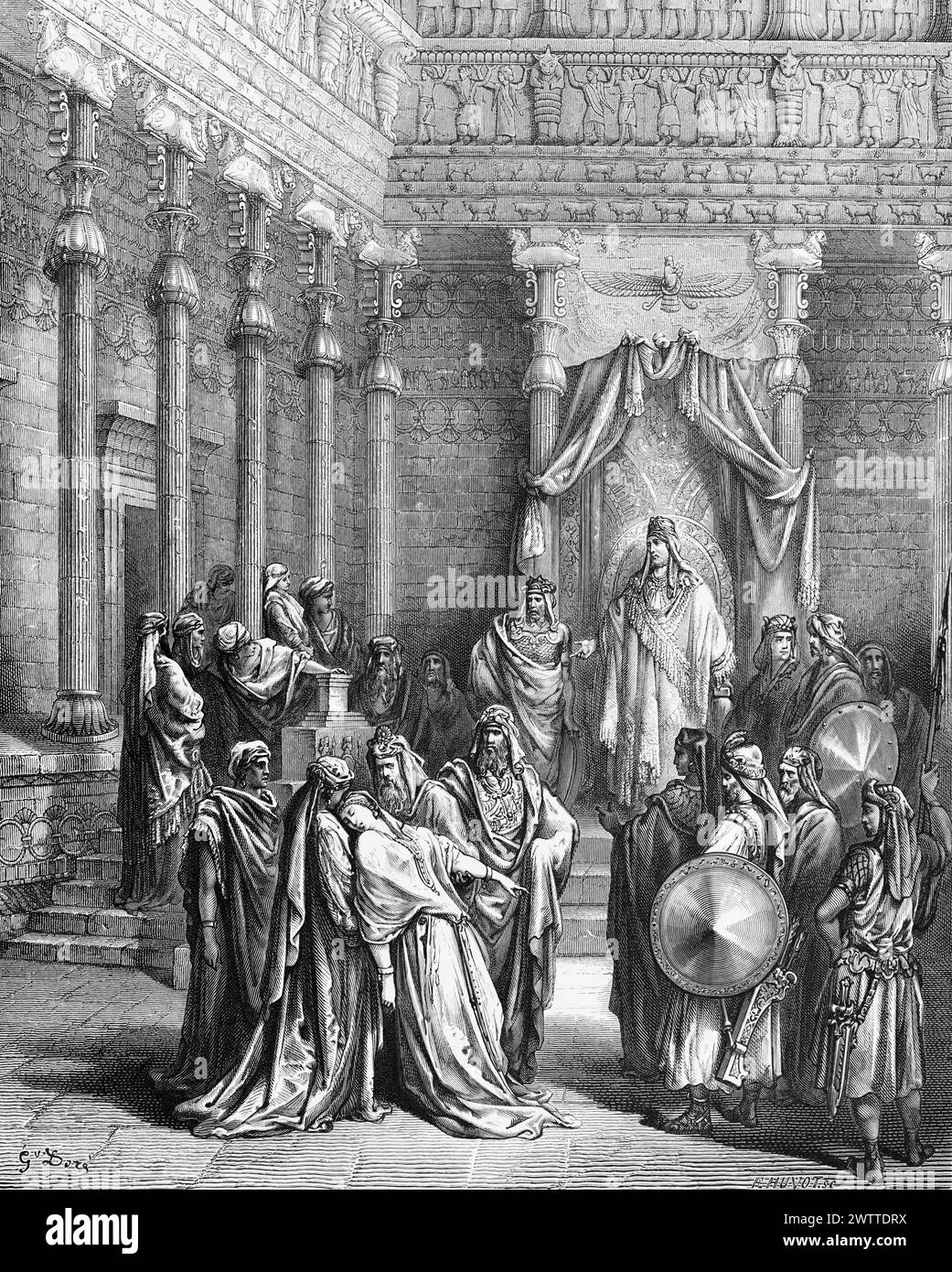 Queen Esther´s fainting in front of Persian King Ahasveros, Esther chapter 15, Old Testament, Bible, historical ilustration 1886 Stock Photo
