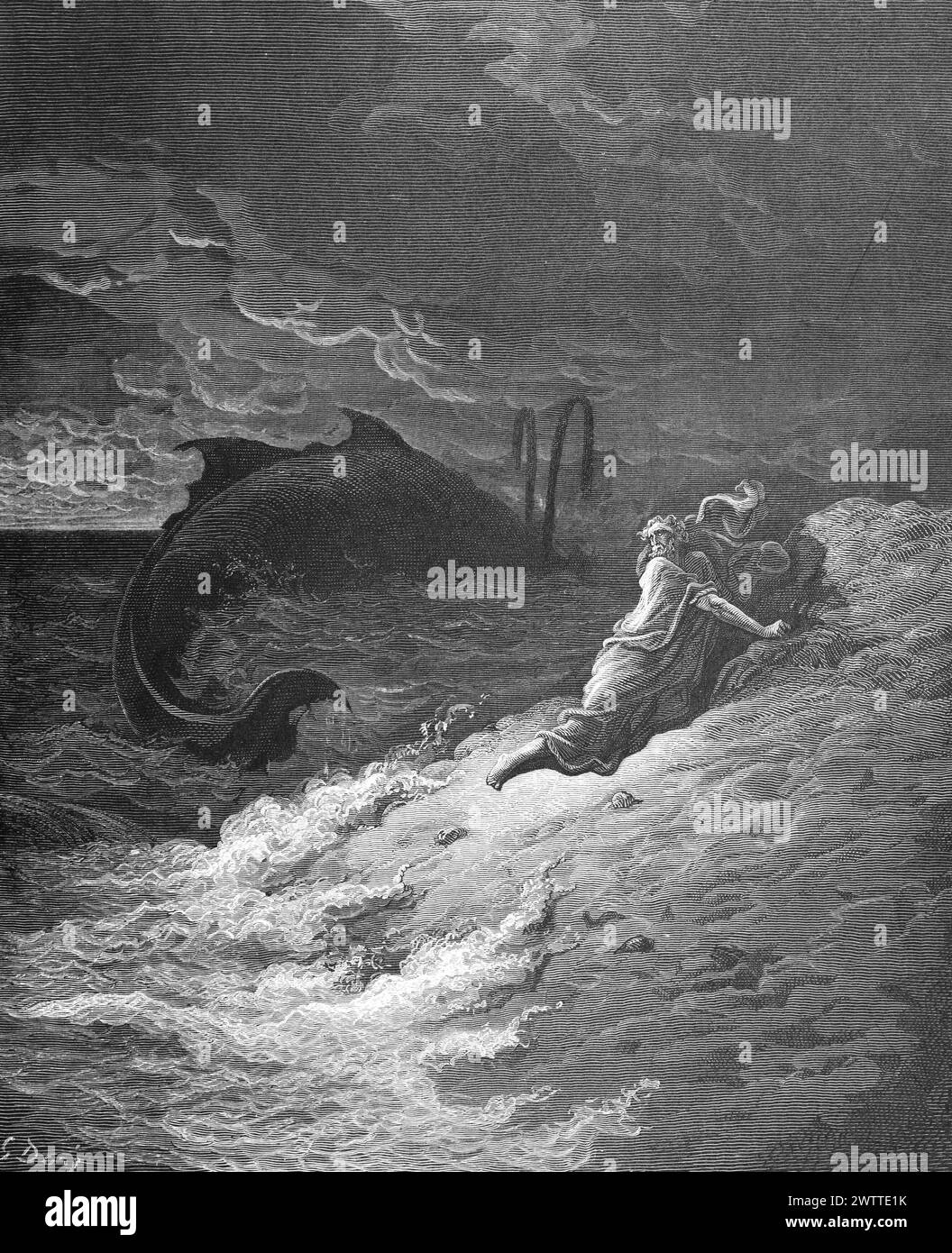 Jonah is vomitedt out by the fish on dry land, Jonah chapter 2, Old Testament, Bible, the Gspel according to , historical ilustration 1886 Stock Photo