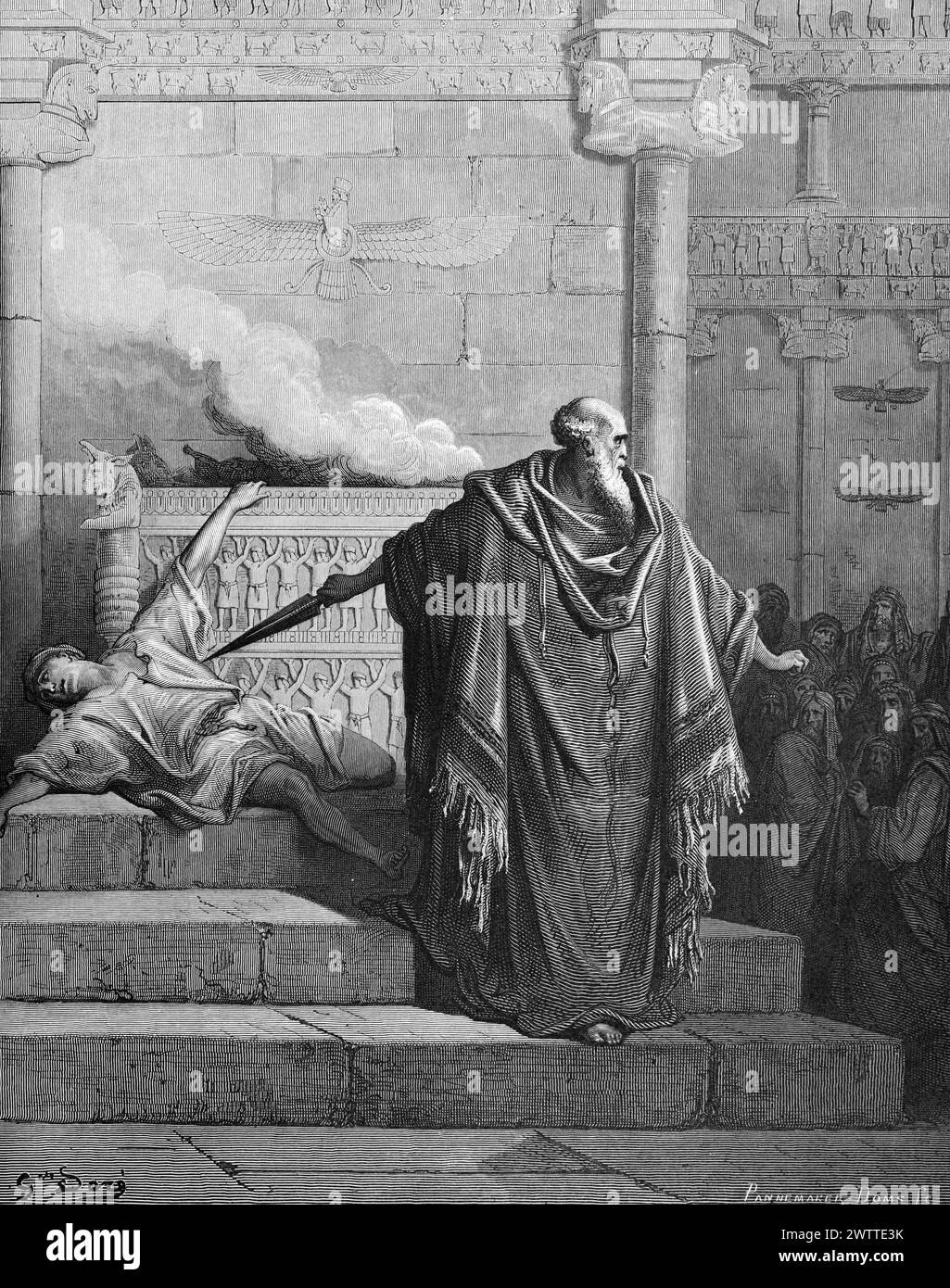 Matthatias kills the temple abuser, Old Testament, Bible, historical ilustration 1886 Stock Photo