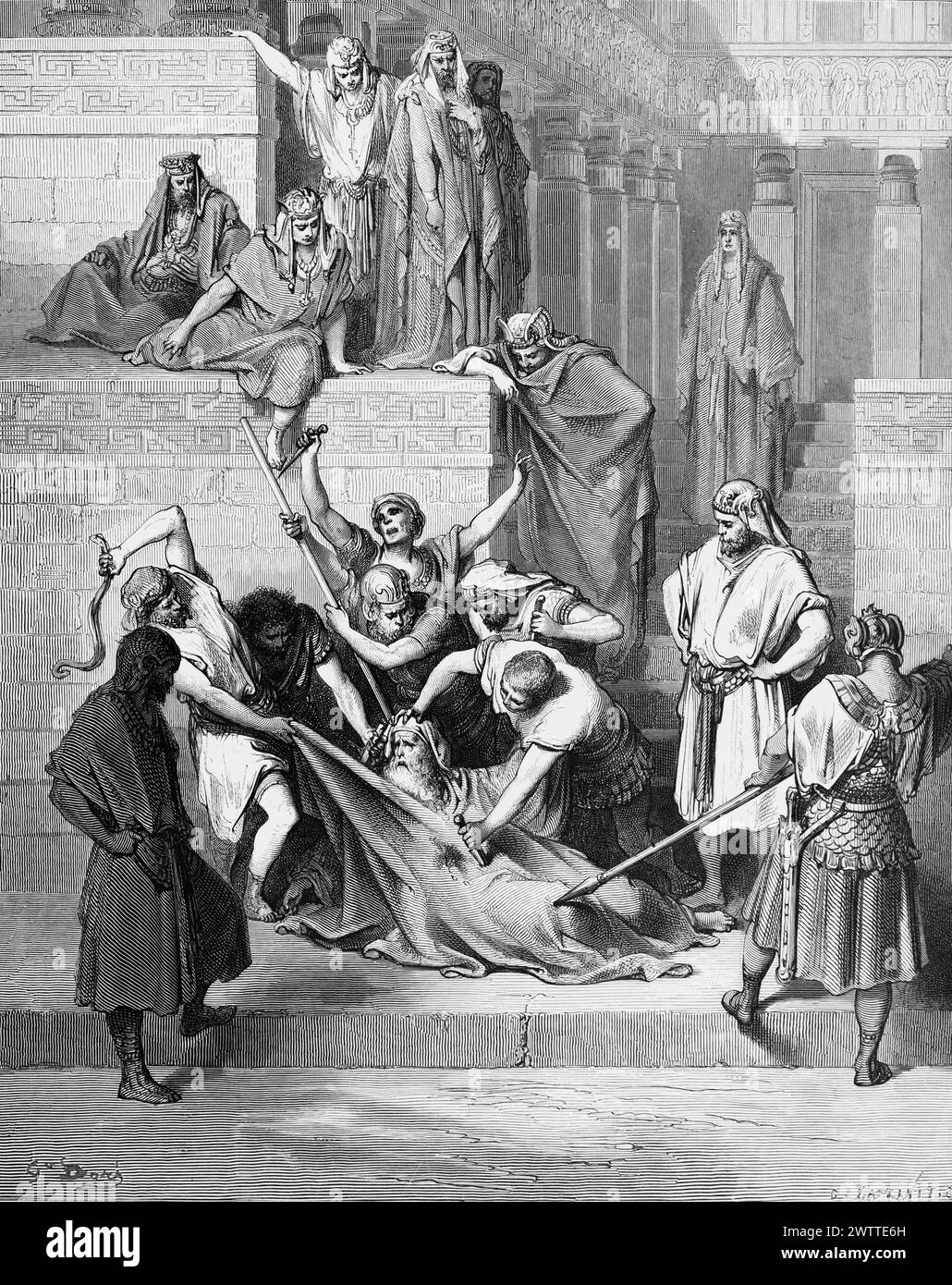 The torture of Eleazar the priest refusing to eat pork, Old Testament, Maccabees, Bible , historical ilustration 1886 Stock Photo