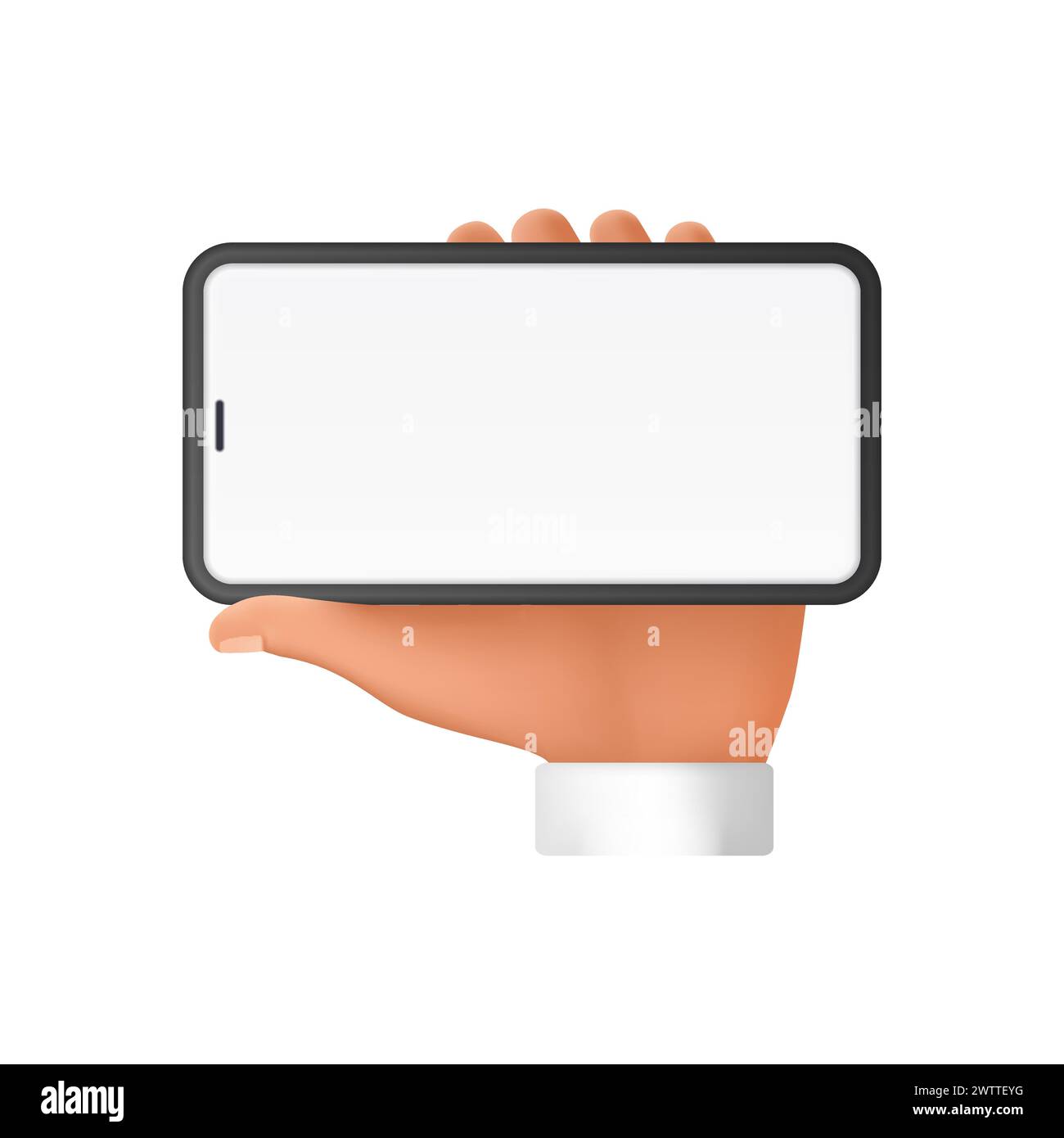 3D hand of man using smartphone with blank white screen in horizontal ...