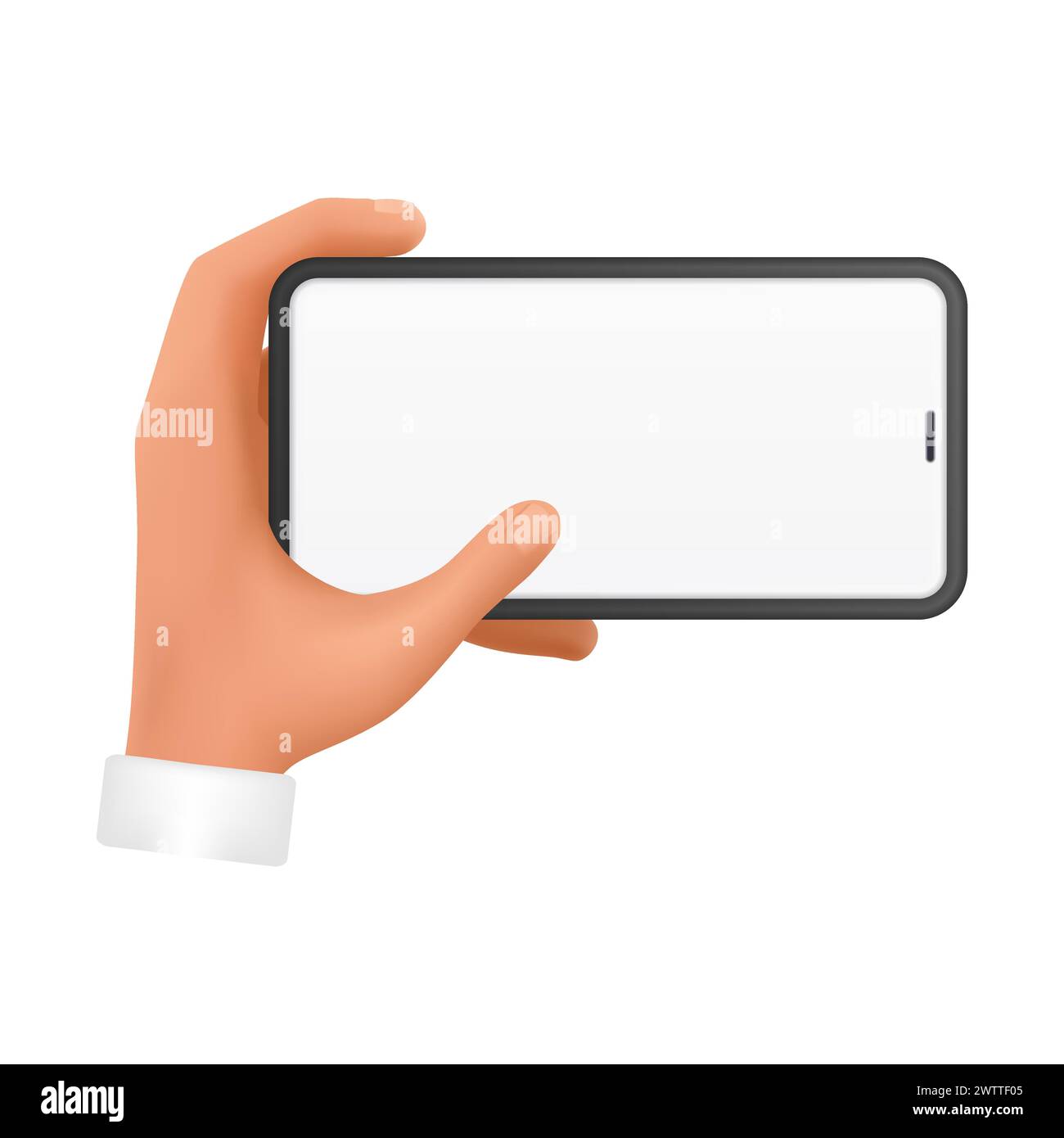 3D hand of man holding mobile phone with blank white screen in ...