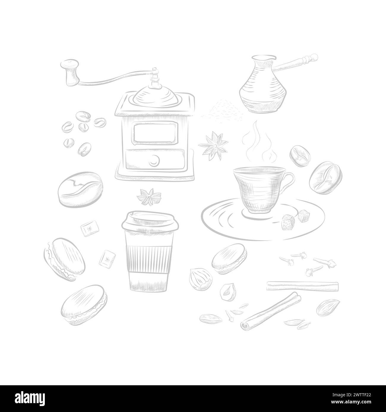 Coffee set, line sketch cafe menu collection with vintage coffee grinder and coffee beans, cezve and cup of hot drink, takeaway paper cup and spices vector illustration Stock Vector