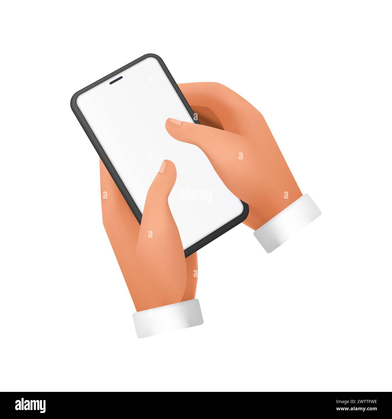 3D hands of man holding mobile phone to touch blank white screen with ...