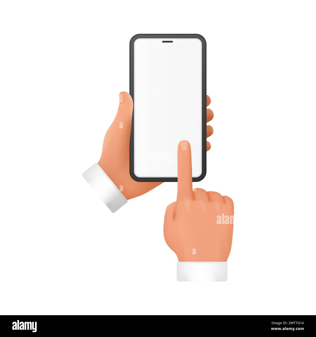 3D hands of man holding mobile phone, showing on white blank screen ...