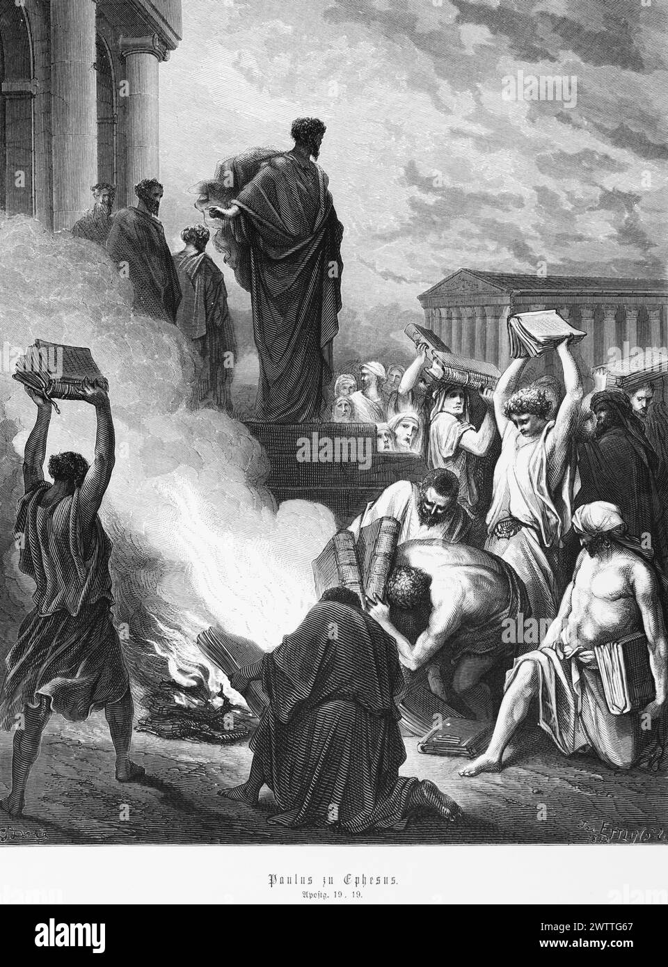 St. Paul at Ephesus and book burning at Ephesus, Acts of the Apostles 19, New Testamemt, Bible, historical illustration 1886 Stock Photo