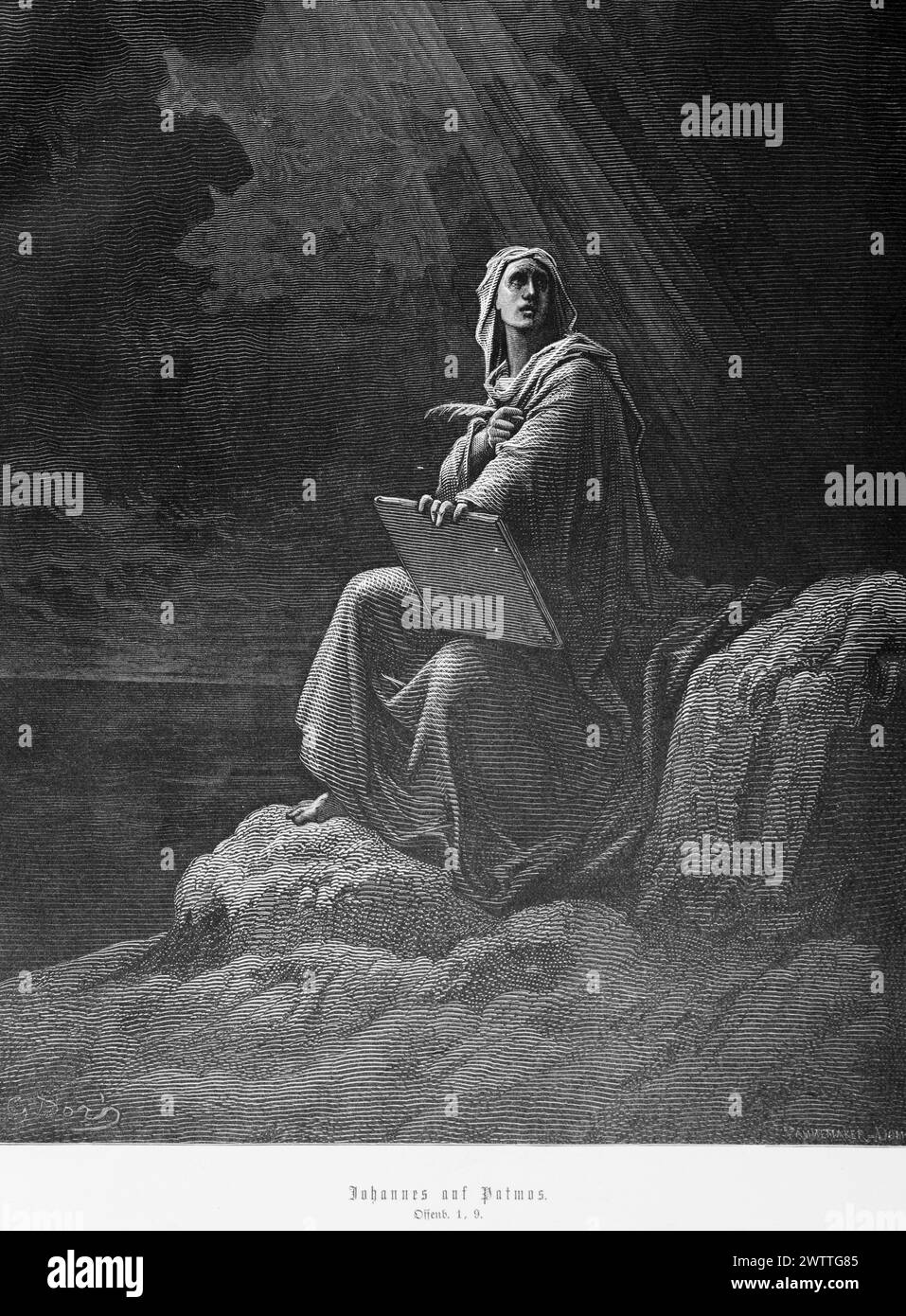 John on Patmos,a Greek island in the  Aegean Sea, revelation 1, New Testamemt, Bible, historical illustration 1886 Stock Photo