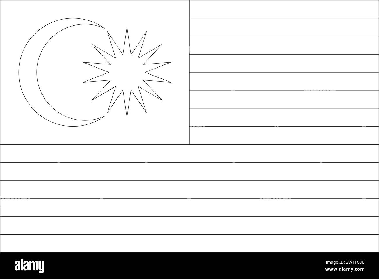 Malaysia flag thin black vector outline wireframe isolated on white background. Ready for