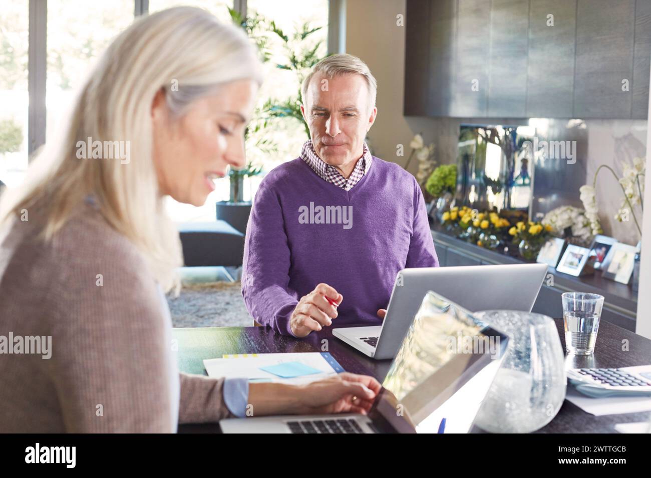 Mature adults working on laptops at a home interior Stock Photo